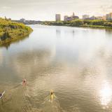 Drei Kajaks paddeln auf dem South Saskatchewan River vor der Kulisse der Stadt Saskatoon.